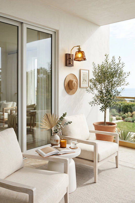 Arlo Amber Ripple Wall Lamp | Glass, Metal, Wood | Mounted on a white wall as exterior accent lighting on a contemporary balcony with white lounge chairs next to sliding glass doors | vexa lamps