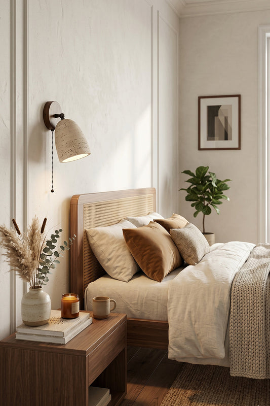 Artisan Travertine and Timber Wall Lamp for Bedroom | Samu Lamp