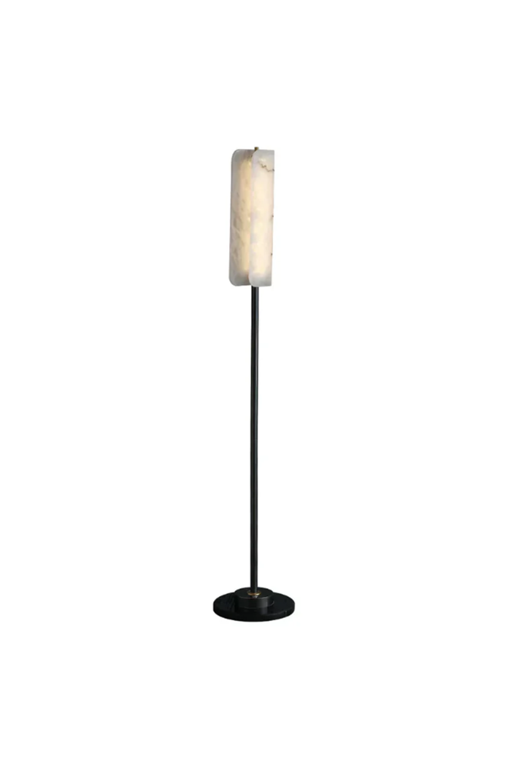 Aurelius Alabaster Brass Floor Lamp | Alabaster, Metal | Studio full-length shot of the unlit minimalist linear standing lamp showing its elegant tall silhouette against a solid white background | vexa lamps