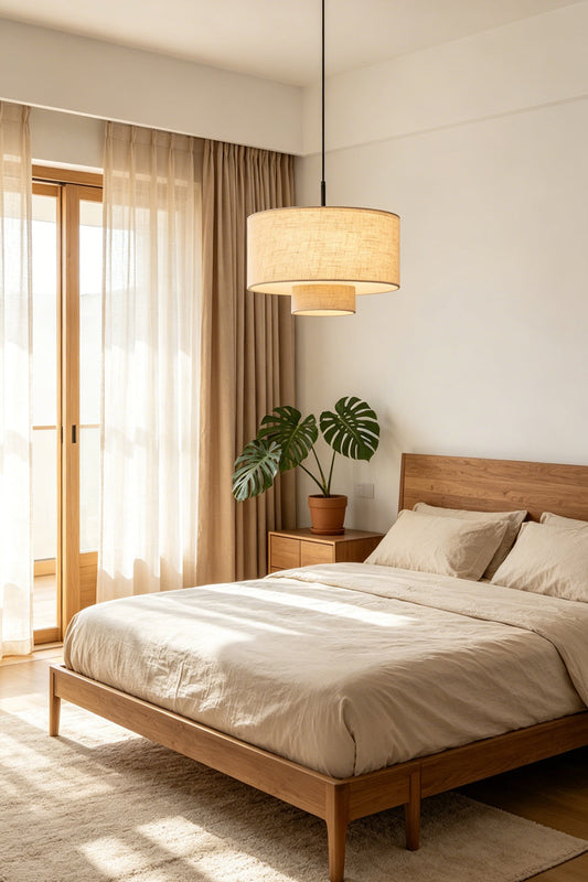 Concentric Veil Fabric Pendant Light | Fabric | Illuminated above a wooden bed in a bright, sunlit bedroom | vexa lamps