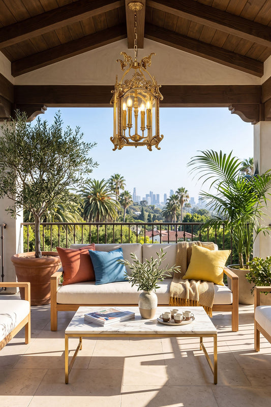 Corwin Glazed Brass Pendant Light hanging above a stylish outdoor seating area with lush greenery and city view.