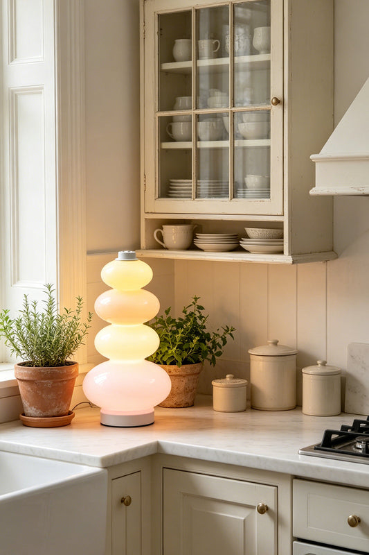 Dolce Stacked Pastel Glass Table Lamp | Glass, Metal | Placed on a classic white kitchen counter next to terracotta herb pots and traditional cabinetry | vexa lamps