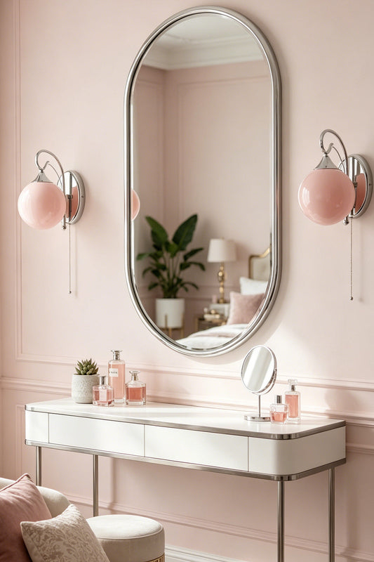 Pair of pink glass globe sconces | Metal, Glass | Vanity flanking oval mirror in soft pink room | vexa lamps