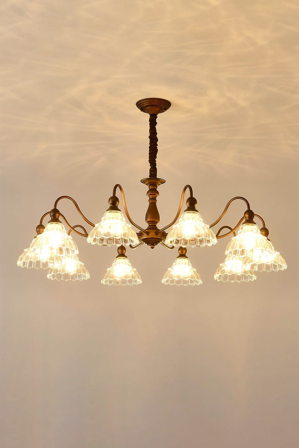 Isolde Vintage Scalloped Glass Chandelier | Traditional Ceiling Lamp | Another fully lit studio view of the vintage bronze and glass multi-light chandelier radiating a cozy halo | vexa lamps