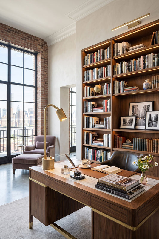 Ivor Knurled Brass Task Table Lamp | Knurled Brass and Metal | Placed on a dark wooden executive desk in a home office with tall bookshelves | vexa lamps