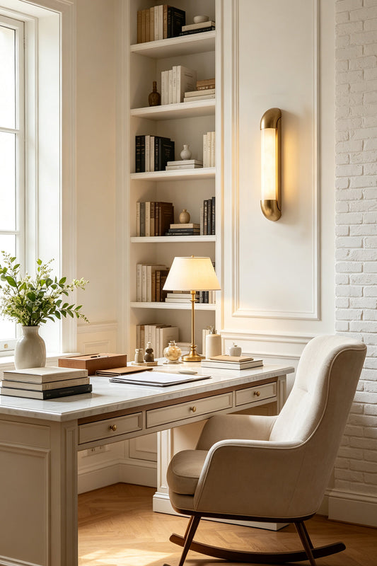 Kester Alabaster Tube Wall Sconce illuminating a modern office space with a stylish desk and bookshelf.