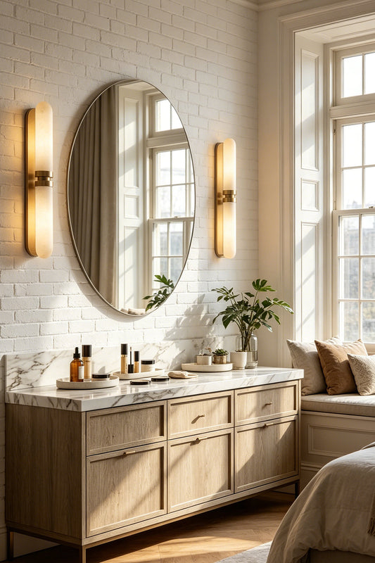 Linea Alabaster Capsule Wall Sconce | Alabaster, Brass | A pair of fully illuminated capsule wall lights flanking a large round mirror in a luxury bathroom vanity setup | vexa lamps