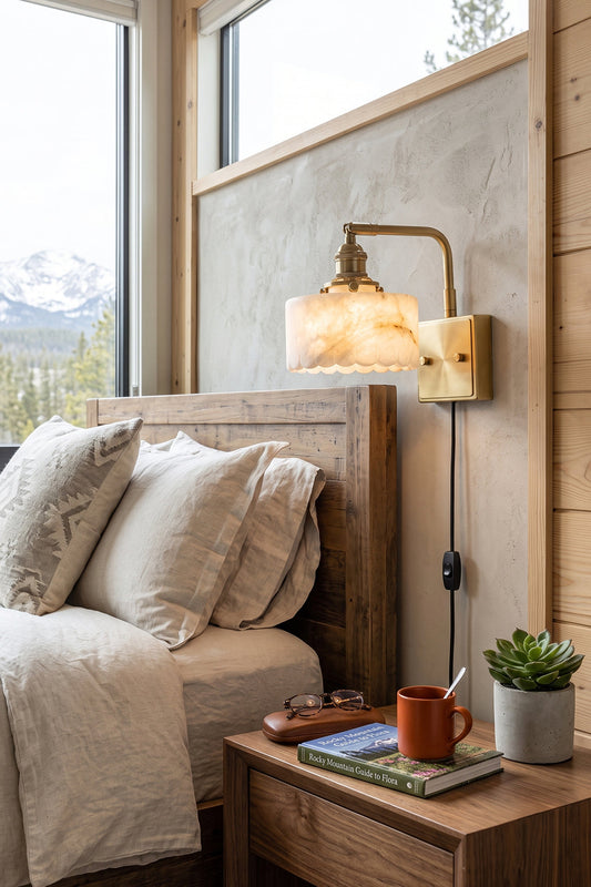 Liora Scalloped Alabaster Wall Sconce | Natural Alabaster and Brushed Brass | Mounted on a wooden bedroom wall beside a bed and a rustic nightstand with a snowy mountain window view | vexa lamps