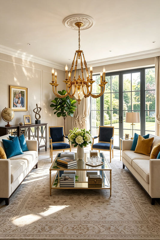 Lucienne Fluted Glass Urn Brass Chandelier in a stylish living room with elegant decor and modern furnishings.