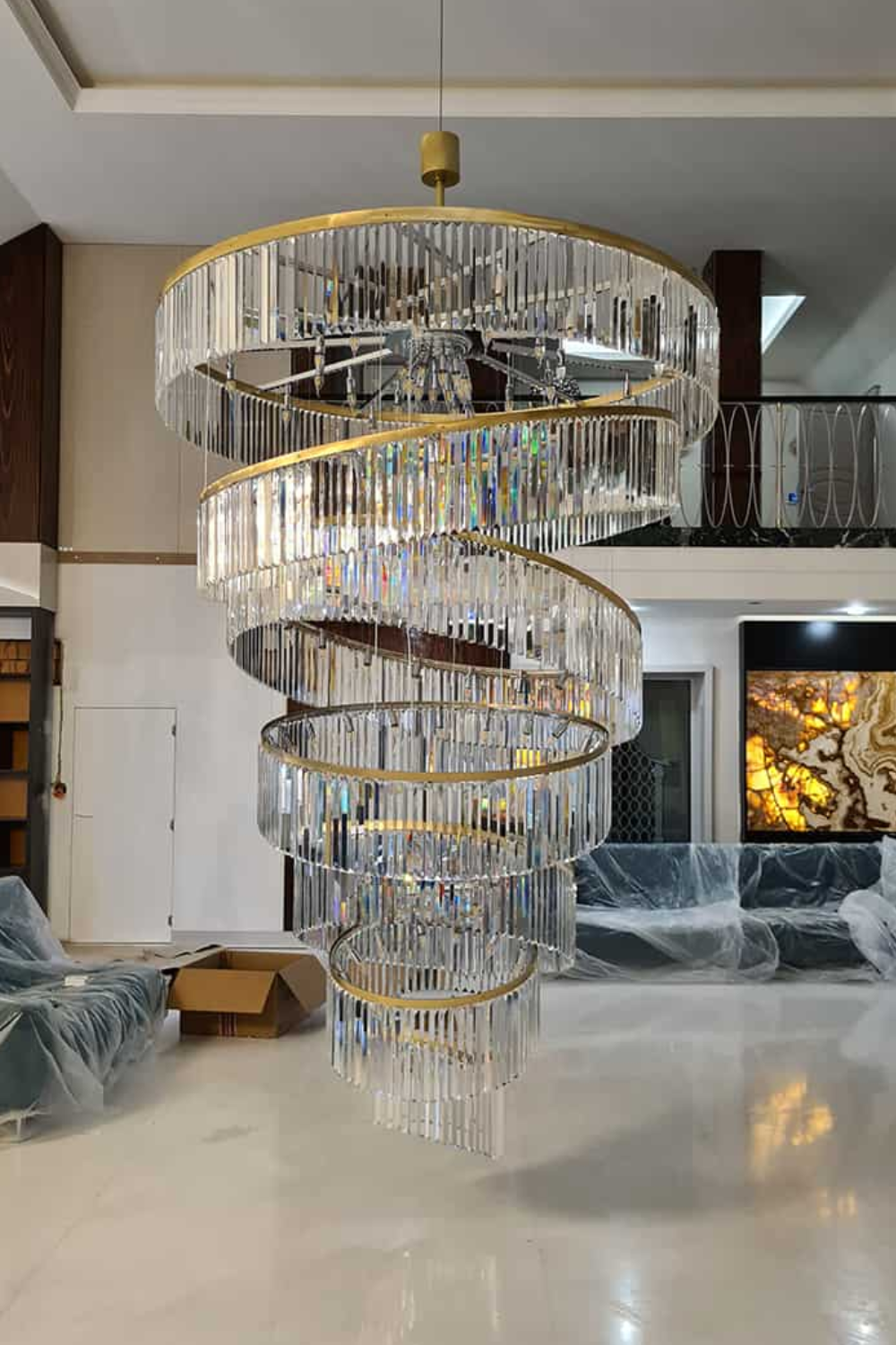 Luxury Floating Crystal Rings Chandelier in Gold Finish for High-ceiling