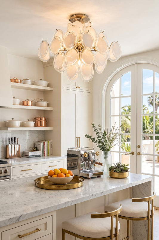 Mirella Circular Glass Pane Ceiling Light | Kitchen Lighting | Hanging as an elegant overhead light fixture casting a warm glow over a white marble island counter in a bright luxury kitchen | vexa lamps