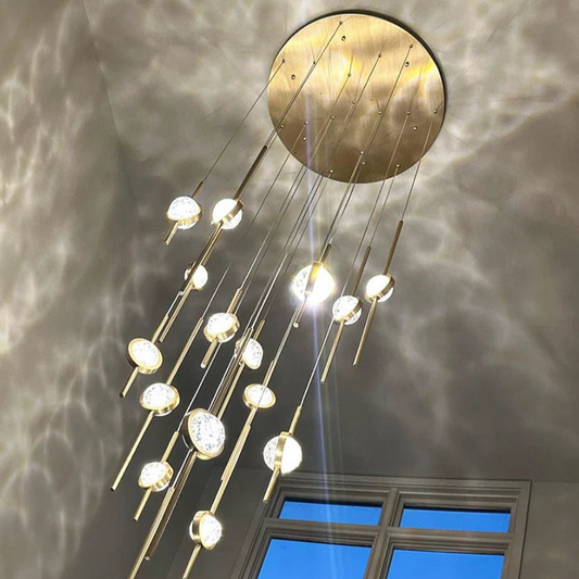 Modern Floating Galss Ball Brass Chandelier for High-ceiling