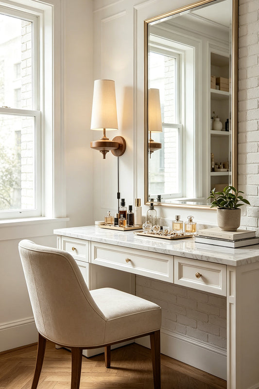 Spindle Walnut Wood Wall Sconce illuminating a cozy vanity area with a mirror and decorative bottles.