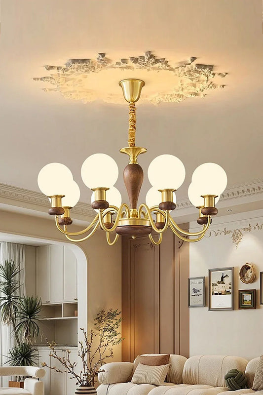 Vintage Globe Walnut Brass Chandelier - view 2 | morylighting