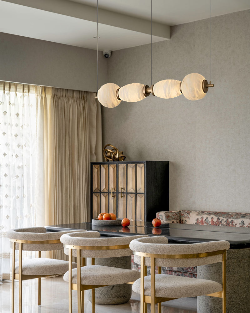 Modern Linear White Alabaster Solid Ball Thread Synthetic Shade Hanging Light for Dining