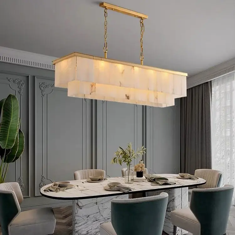Alabaster Brass Rectangular Chandelier 41.33"L