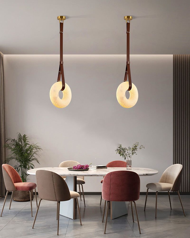 Oval Alabaster LED Large Pendant lamp with adjustable leather, Dia 16/24"