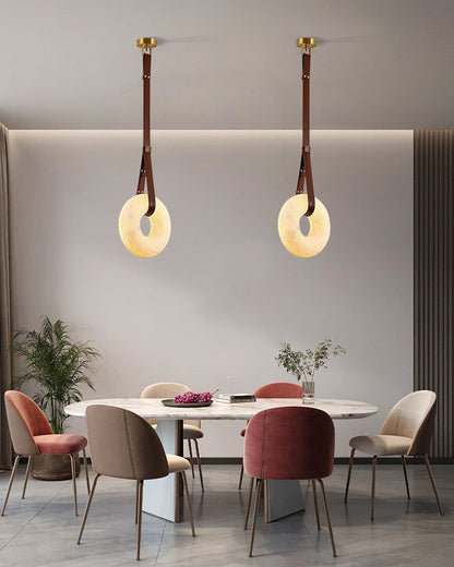Oval Alabaster LED Large Pendant lamp with adjustable leather, Dia 16/24"