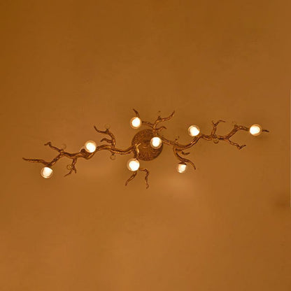 The Linear Glass Ball Branch Semi Flush Chandelier is artfully designed, it combines with the organic tree branch design, decorated with the metal leaves, creates a fruitfully ideas. it is a new interpretation for the new modern style.