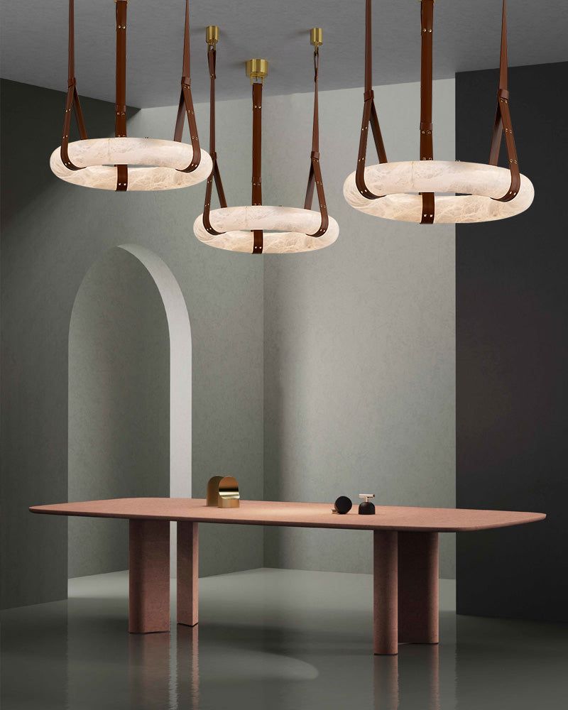 Round LED White Marble Pendant lamp with adjustable leather, Dia 12/16"