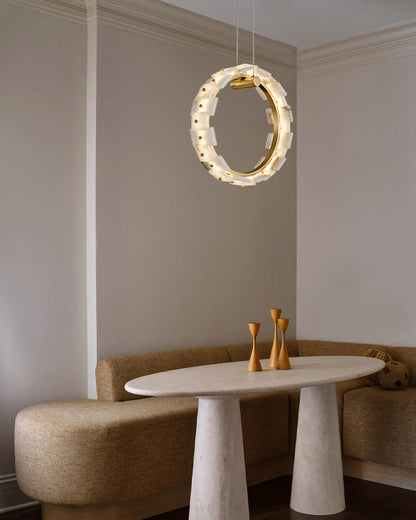 Antique Brass Ring Frame Round Halo Alabaster Modern Lighting Chandelier Wide 31"