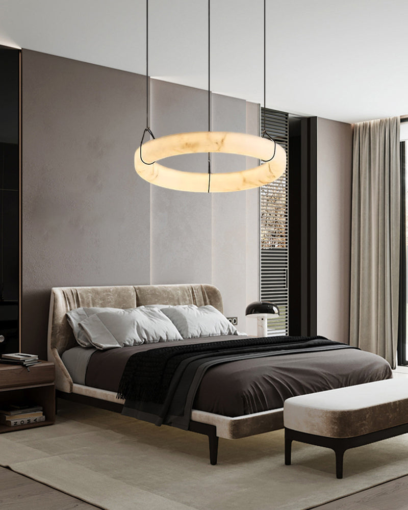 Black Metal Modern Round Ring Alabaster Pendant Light, Width 3.15"