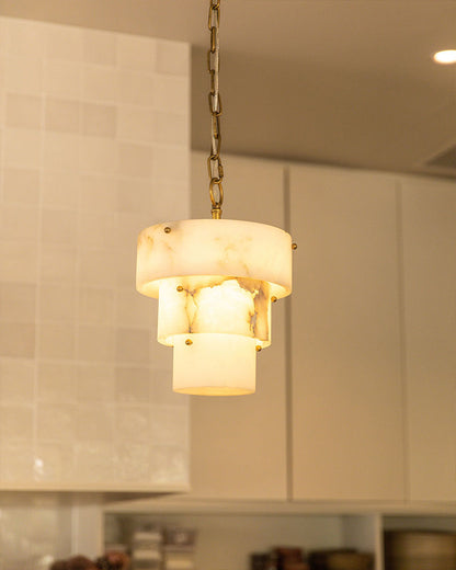 3 Tier White Round Alabaster Chain Pendant Light Fitting in Brass 10in