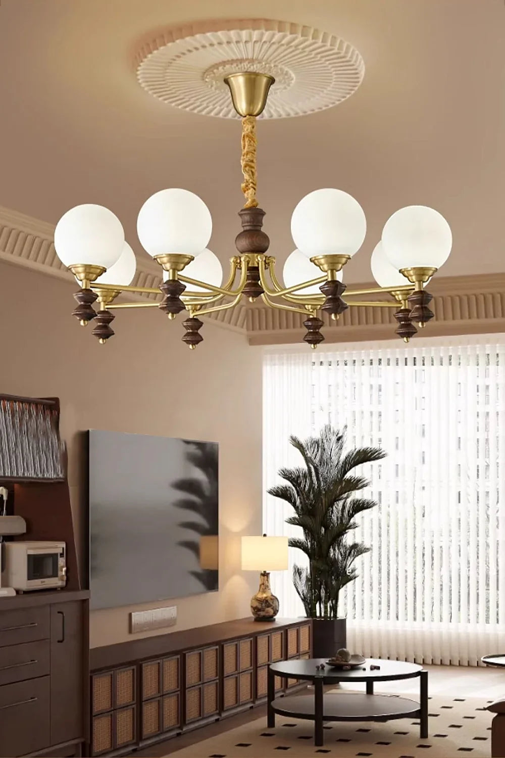 Vintage Globe Walnut Wood Chandelier - view 4 | morylighting
