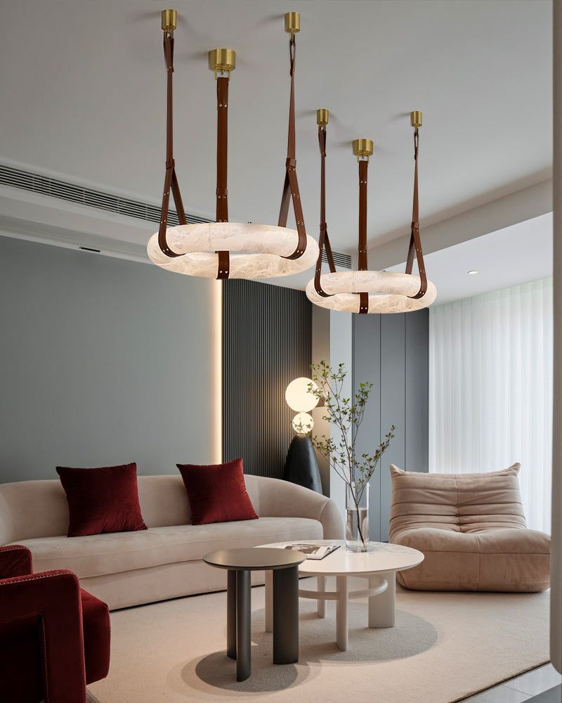 Round LED White Marble Pendant lamp with adjustable leather, Dia 12/16"