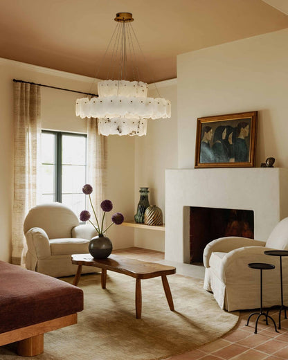 3-tiered stairwell chandeliers | irregular alabaster plate in disk ceiling with long cord