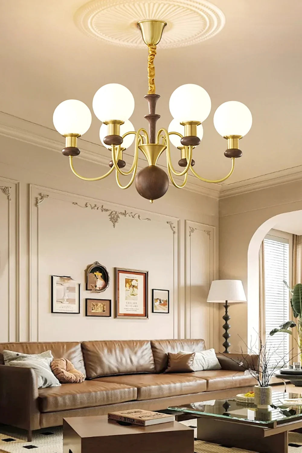 Vintage Walnut Wood Globe Chandelier - view 3 | morylighting