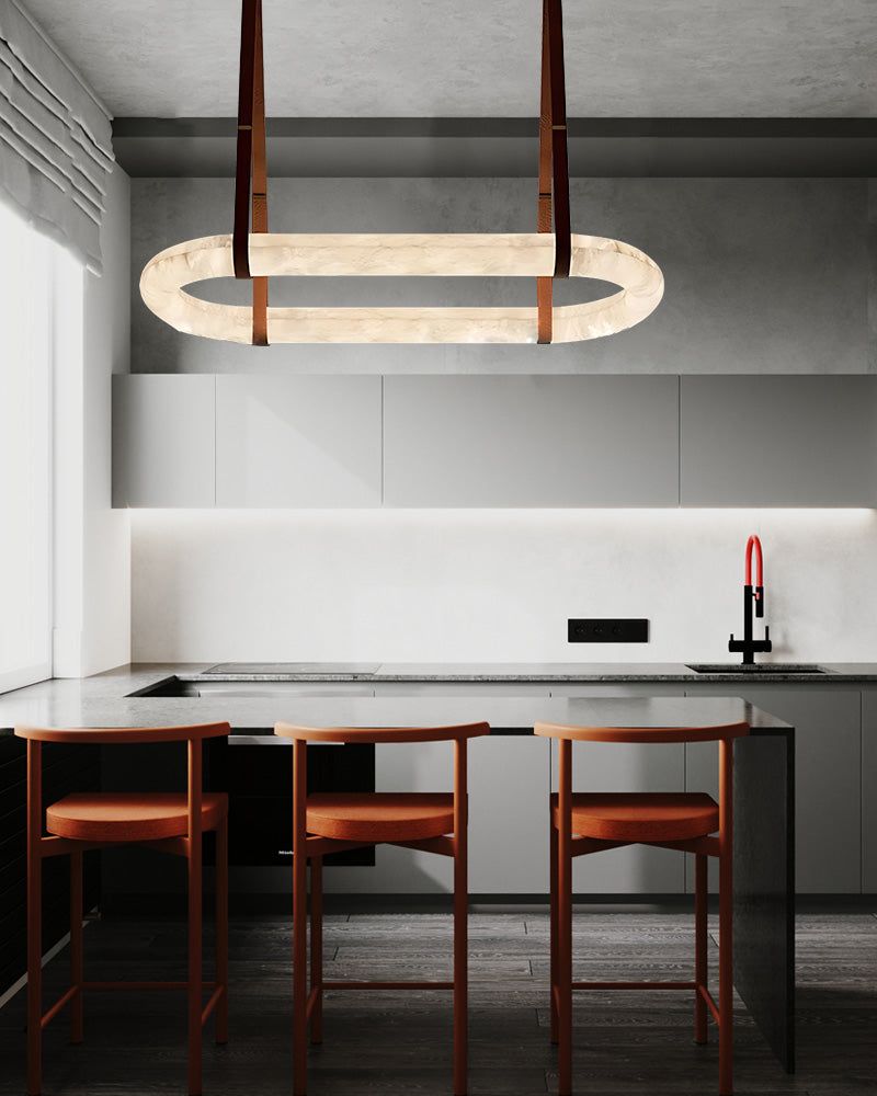 Round LED White Marble Pendant lamp with adjustable leather, Dia 12/16"