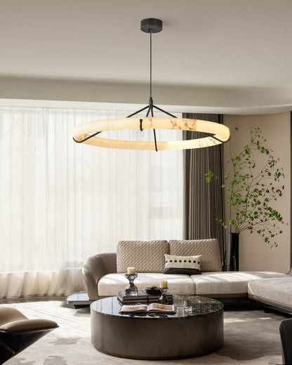 Black Metal Modern Round Ring Alabaster Pendant Light, Width 3.15"