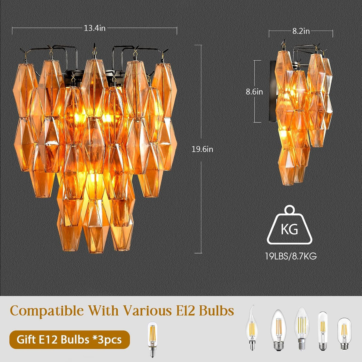 $800+ Purchase Gift | Amber Glass Wall Sconce 21.65"H