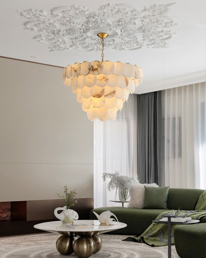 Multi layers Spanish White Alabaster Shell Marble Chandelier lamp in Brass