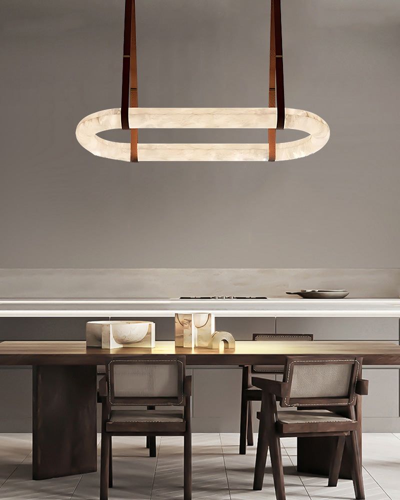 Round LED White Marble Pendant lamp with adjustable leather, Dia 12/16"