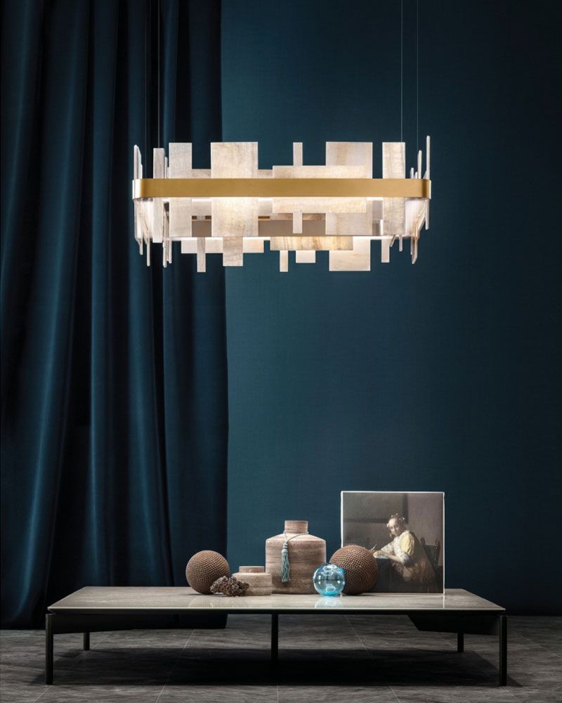 Long Cord Alabaster Ceiling Pendant Light Brushed Gold