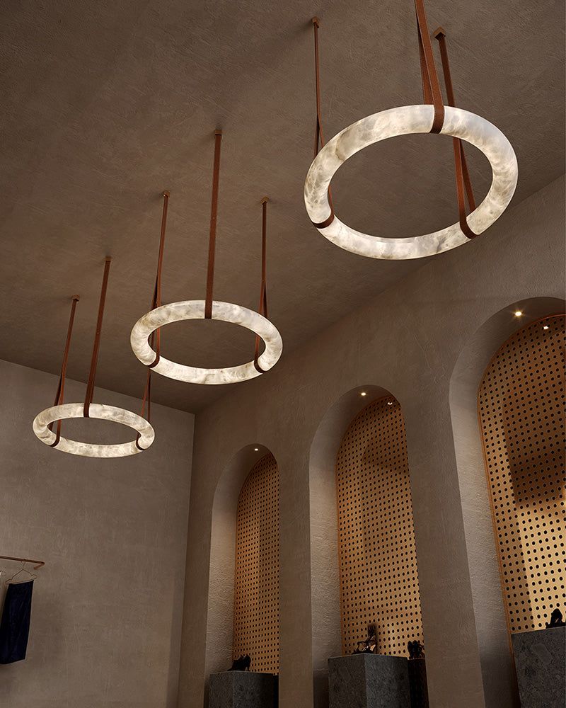 Round LED White Marble Pendant lamp with adjustable leather, Dia 12/16"