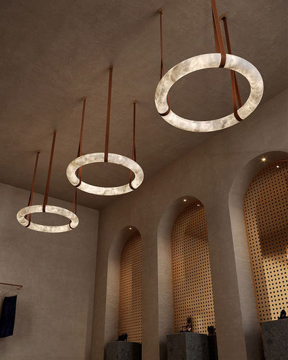 Round LED White Marble Pendant lamp with adjustable leather, Dia 12/16"