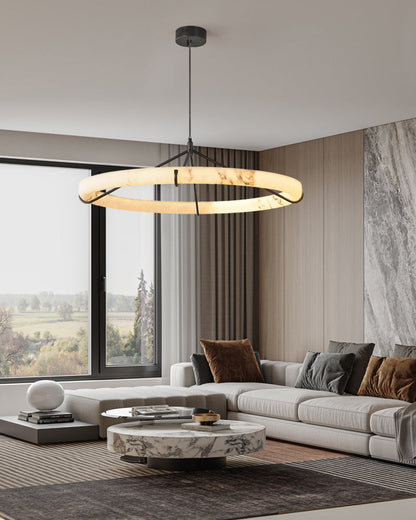 Black Metal Modern Round Ring Alabaster Pendant Light, Width 3.15"