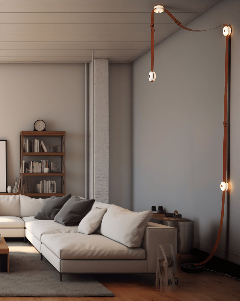 LED Mini SNAPS Module Ceiling Alabaster Pendant Light with Brown Leather Straps
