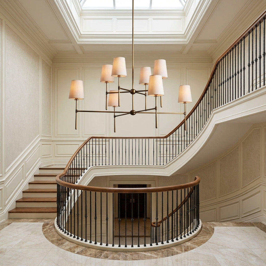 Morylighting Veridian 2-Tier Round Chandelier 48" Diameter - dramatic American stairwell with soaring ceiling