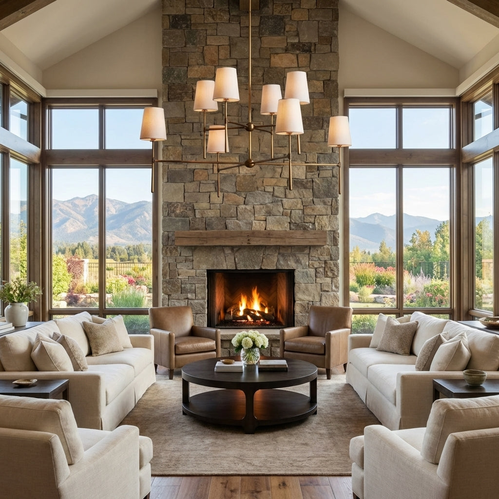 Morylighting Veridian 2-Tier Round Chandelier 48" Diameter - American transitional great room with cathedral ceiling