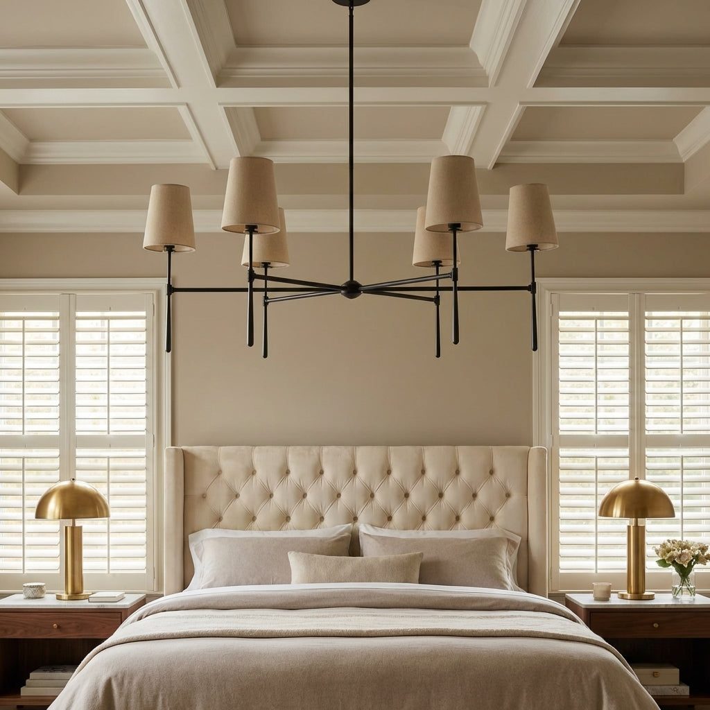 Morylighting Aura Round Chandelier 4/6 Light - American master bedroom with coffered ceiling