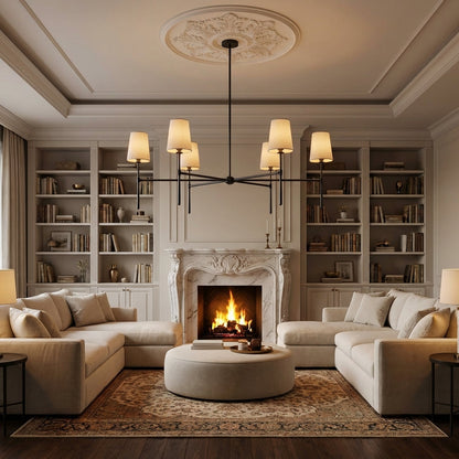 Morylighting Aura Round Chandelier 4/6 Light - luxurious American living room with tray ceiling