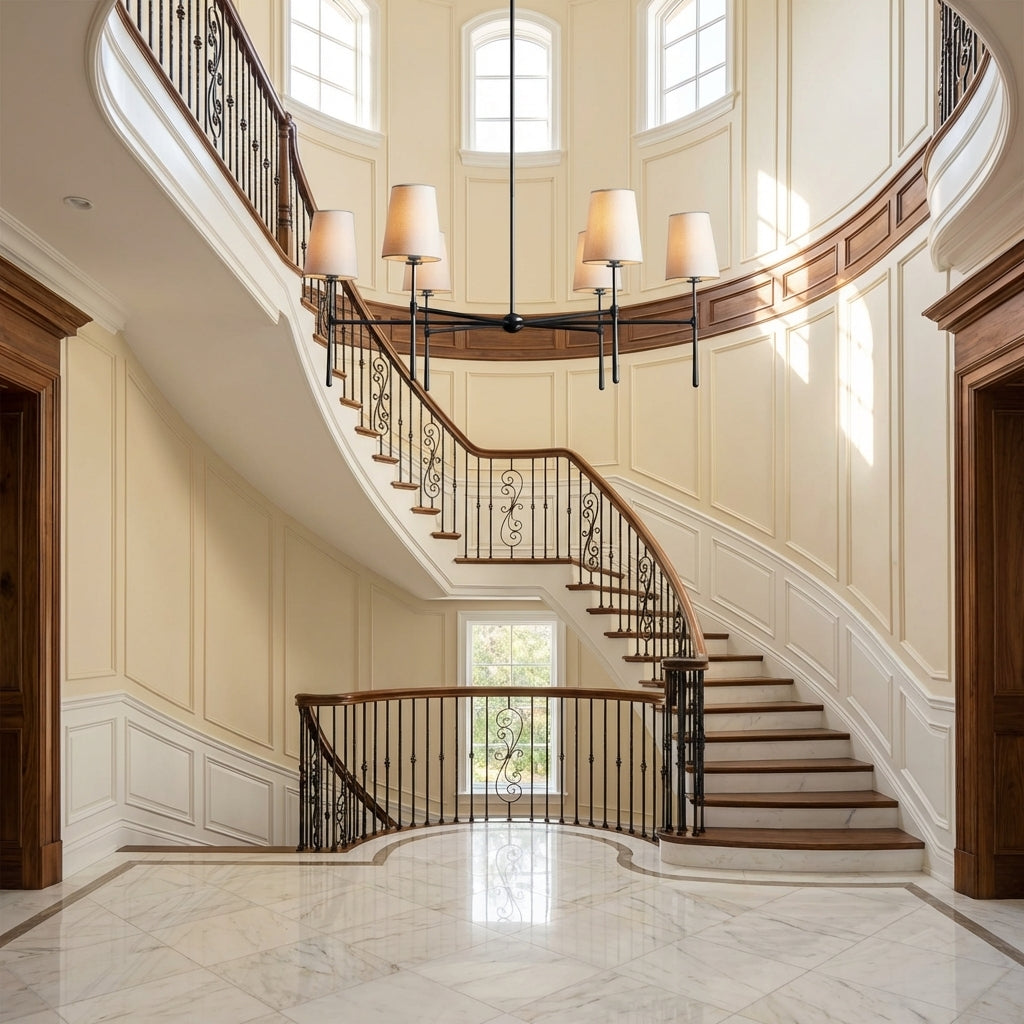 Morylighting Aura Round Chandelier 4/6 Light - dramatic American stairwell with soaring ceiling