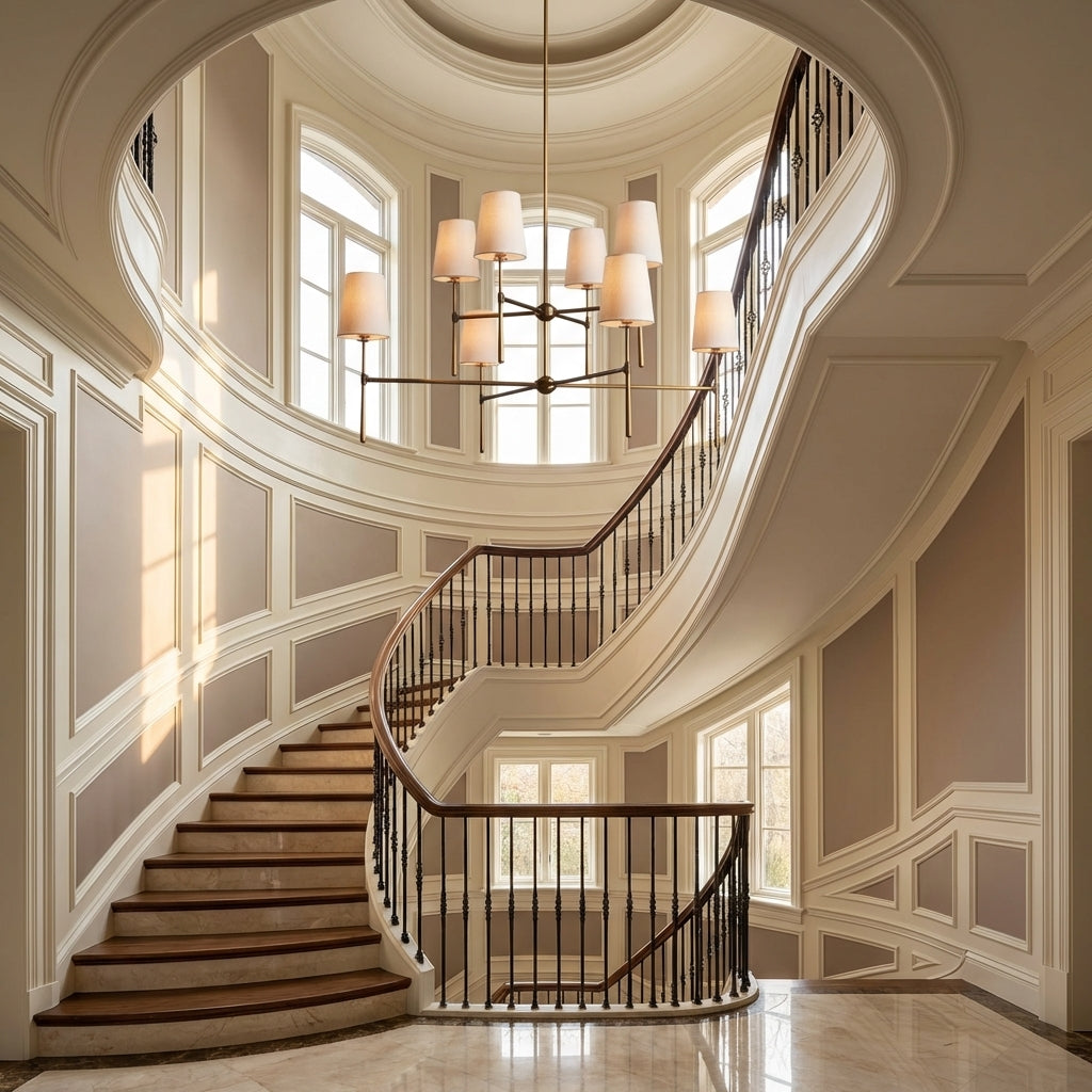Morylighting Veridian 2-Tier Round Chandelier 48" Diameter - dramatic American stairwell with soaring ceiling