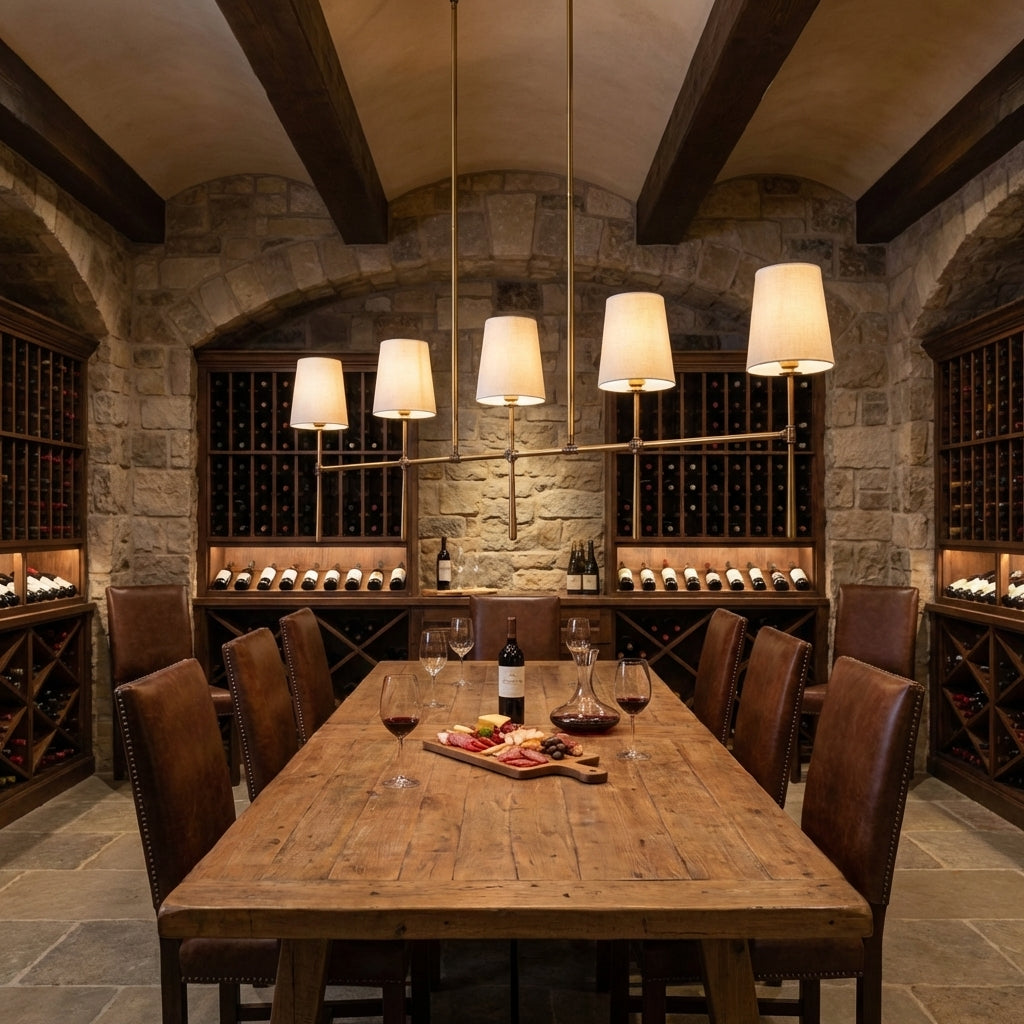 Morylighting Aura Linear Chandelier 5/6 Light - elegant American wine cellar dining room