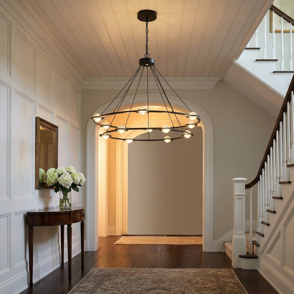 Tricolordeer Celestial Aura 2-Tier Round Chandelier 60" - elegant American entryway with arched doorway