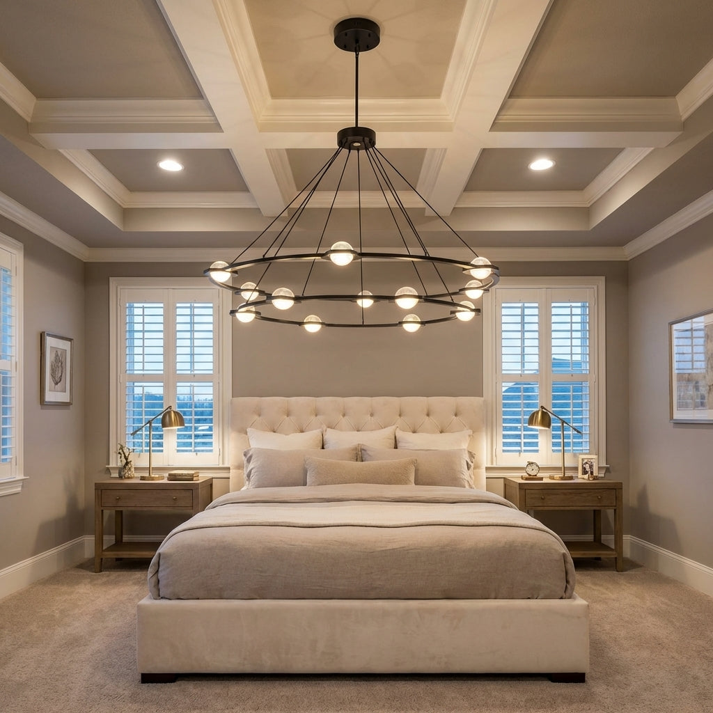 Tricolordeer Celestial Aura 2-Tier Round Chandelier 60" - American master bedroom with coffered ceiling